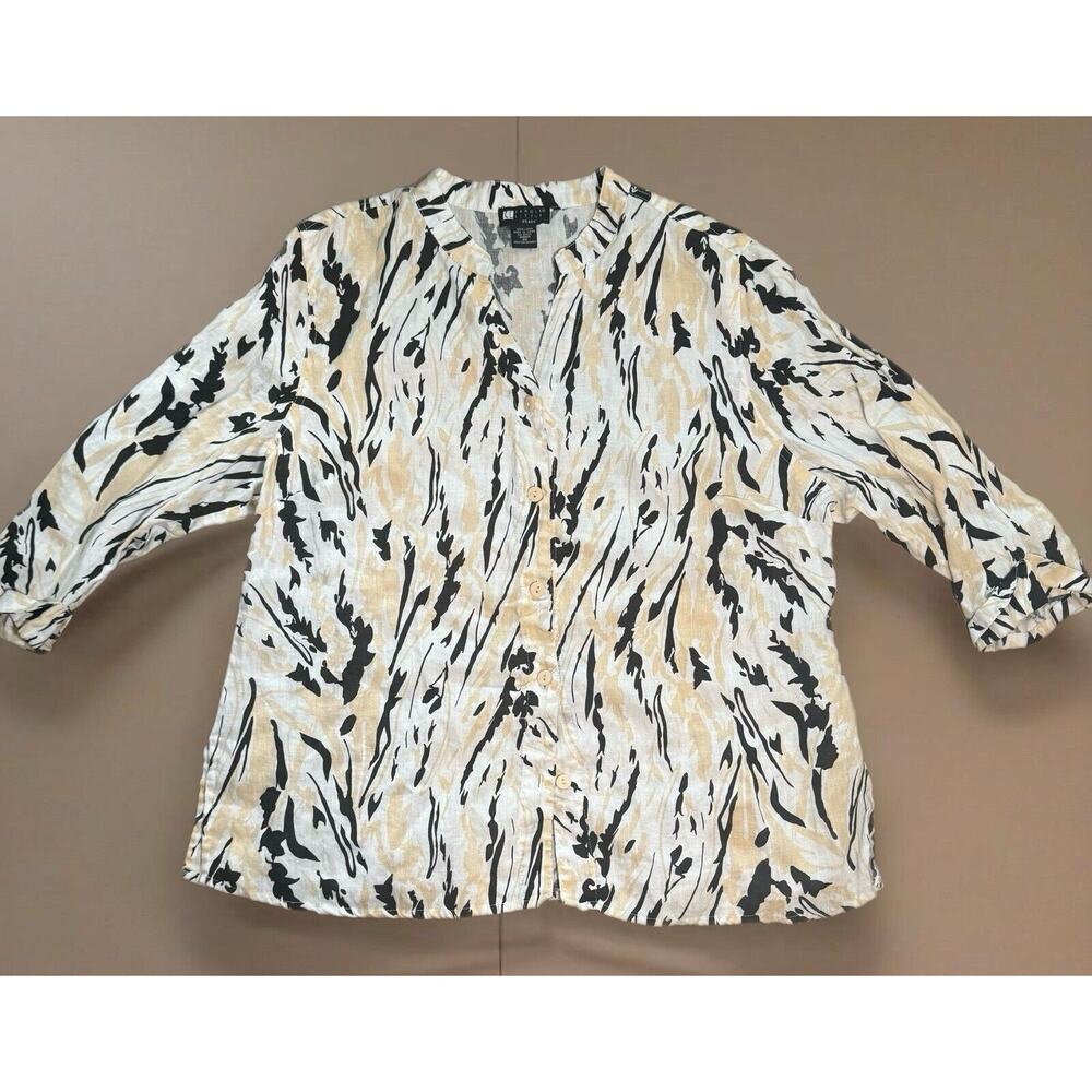 Carole Little Vintage Plus Size 2X 100% Linen Button Up Blouse Animal Print Y2K